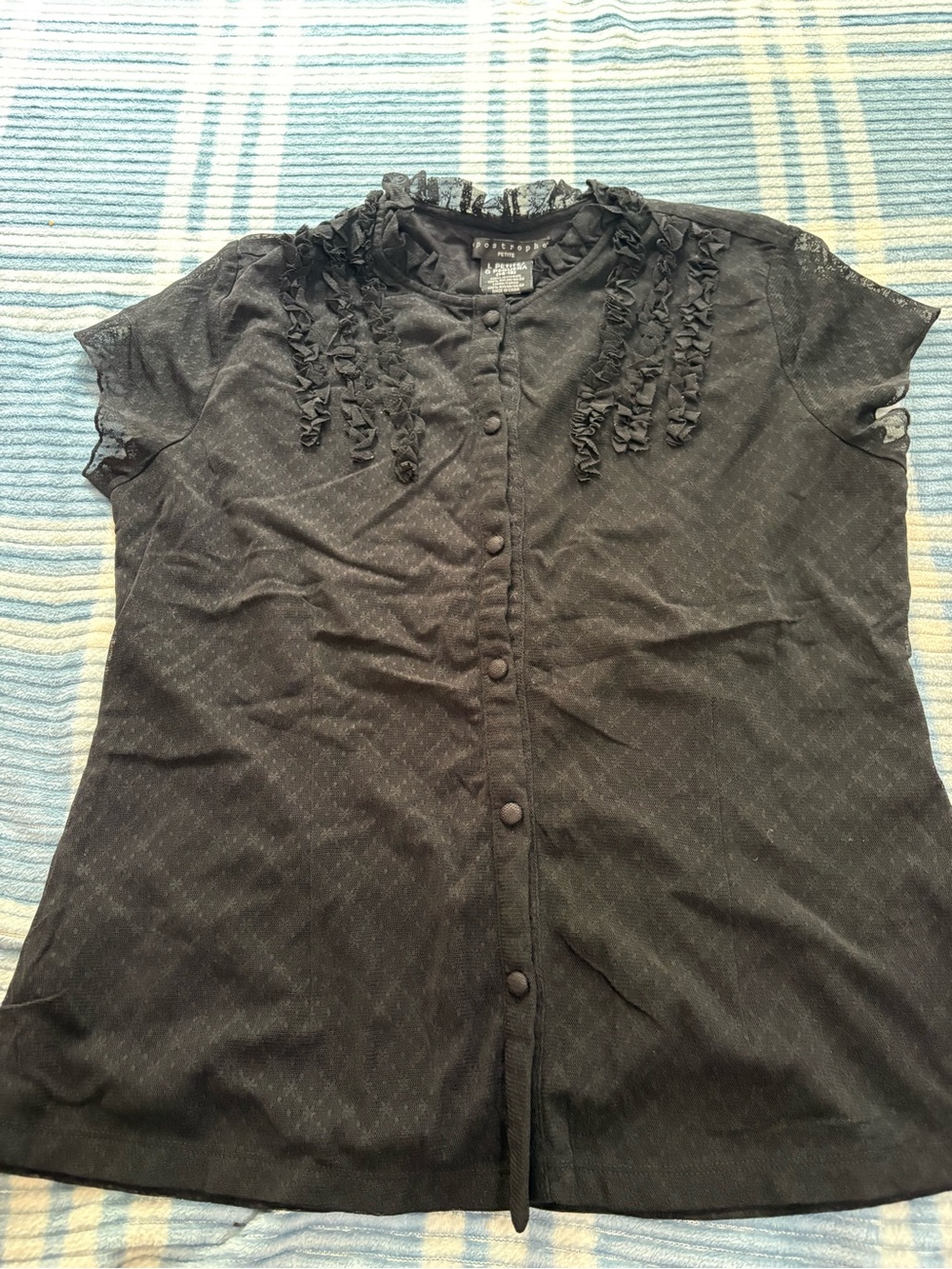 Anthropologie Black Short-Sleeve Ruffle Button Front Blouse
